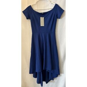 Sarin Mathews-Women Off The Shoulder Short Sleeve High-Low Cocktail Dress-Navy-S